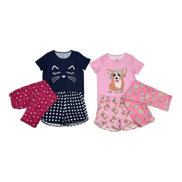 Girls Pajamas 2 Sets Corgi Dog and Slant Eye Cat  Hearts 6 Pieces Total Size 8/9 - Picture 1 of 4